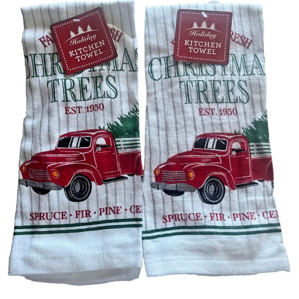 Christmas Tree Farm Red Truck Dish Towel Kitchen Potholder Red Holiday Set Of 4